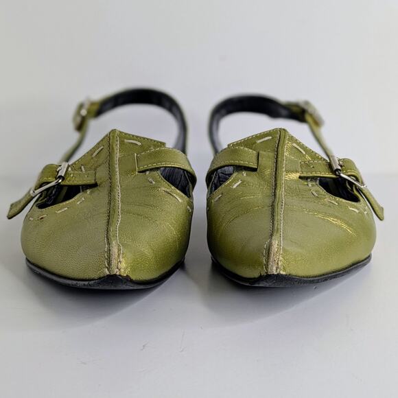 John Fluevog Kitten Heel Slingbacks 10 Green Metallic Leather Statement Shoes - Picture 6 of 16